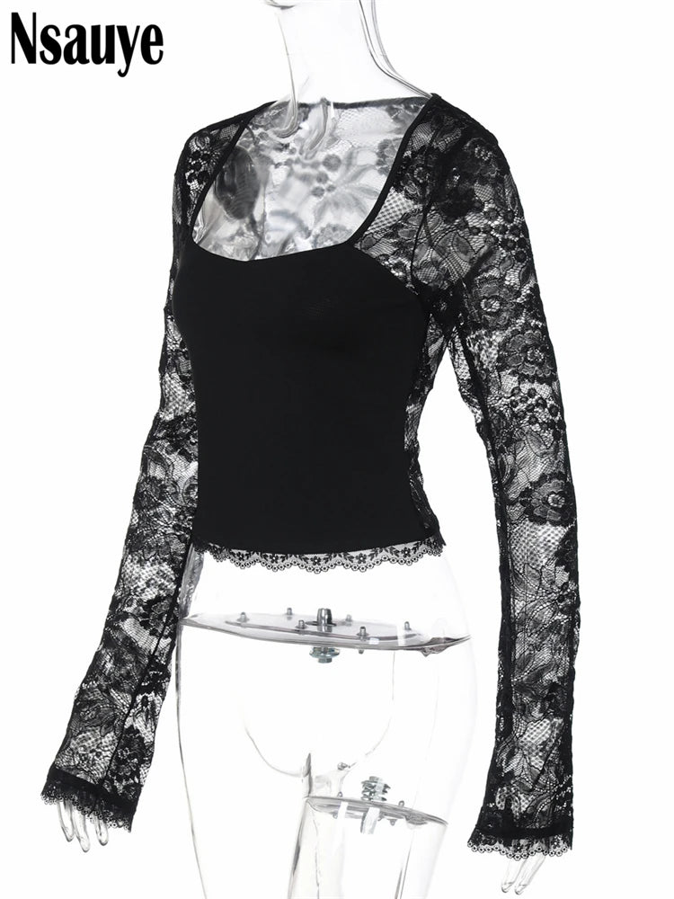 Nsauye Women Fashion Long Sleeve Lace Skinny T Shirt Sexy Club Y2K Clothes Patchwork Crop Tops Basic Tees Streetwear