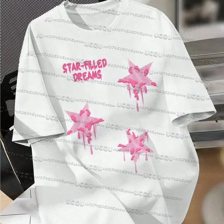 Melted Star Pattern Printed Cotton Short Sleeved O-Neck Loose Breathable Street Tee Summer Women'S Fashionable Home Clothing Top