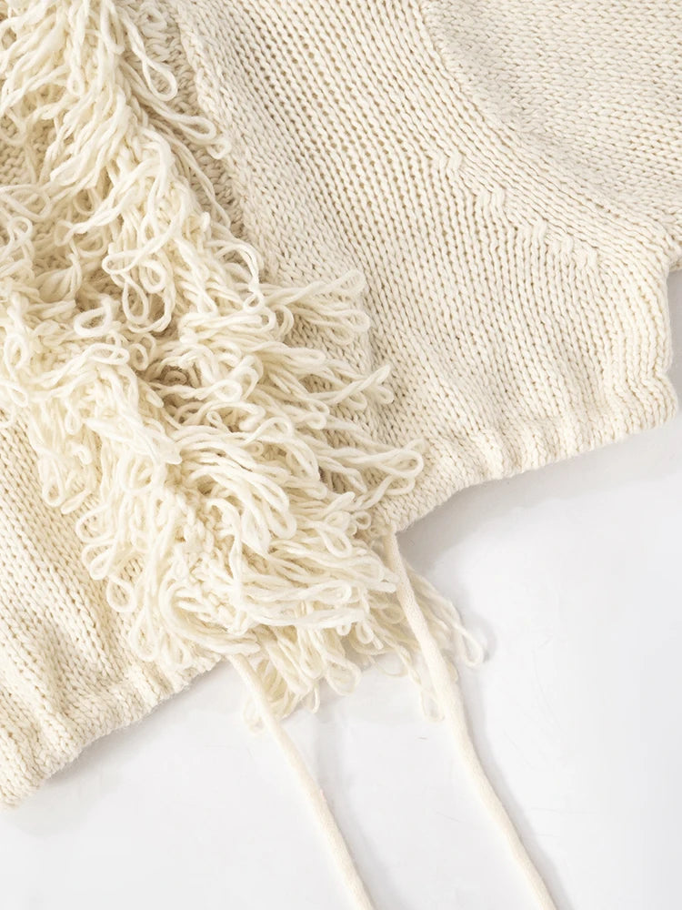 Weird Puss Crochet Tassel 2 Piece Set Women  Lace-Up Cardigan Full Sleeve Crop Tops+Irregular Slits Mini Skirt Sexy Hipster Suit