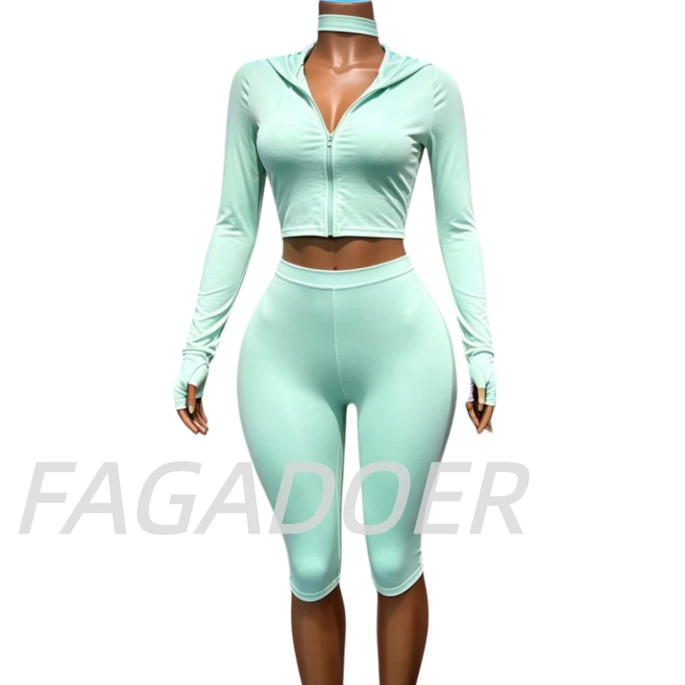 FAGADOER Casual Sporty 3 Piece Sets Fashion Solid Hooded Zip Up Long Sleeve Crop Top Capri Pants Headbands Matching Tracksuits