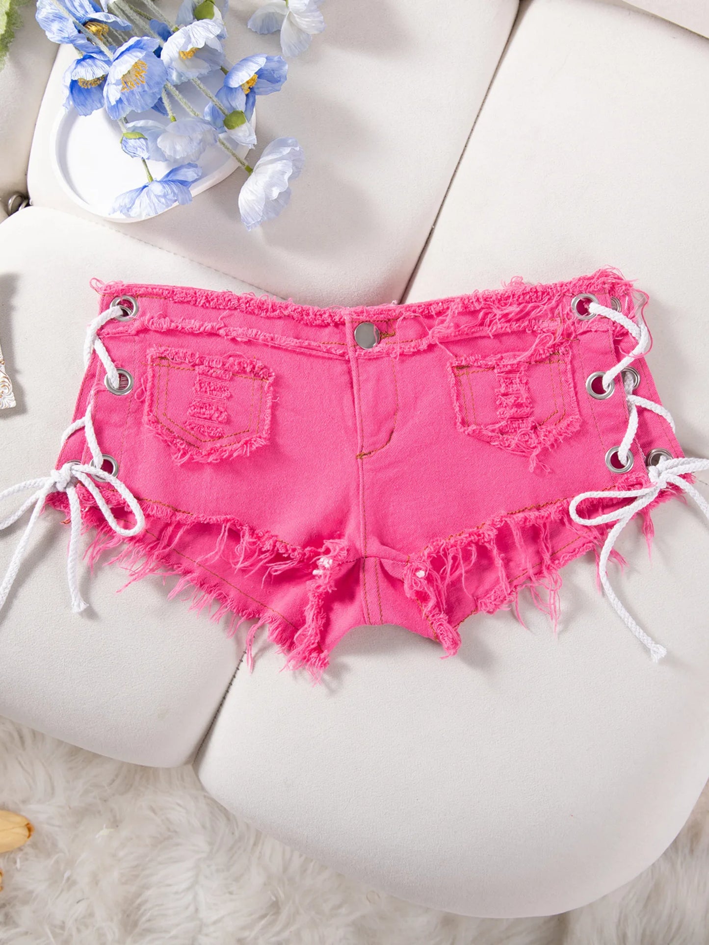 Women Low Rise Denim Shorts Side Lace Up Ripped Frayed Hem Y2K Summer Hot Pants Sexy Streetwear 2026