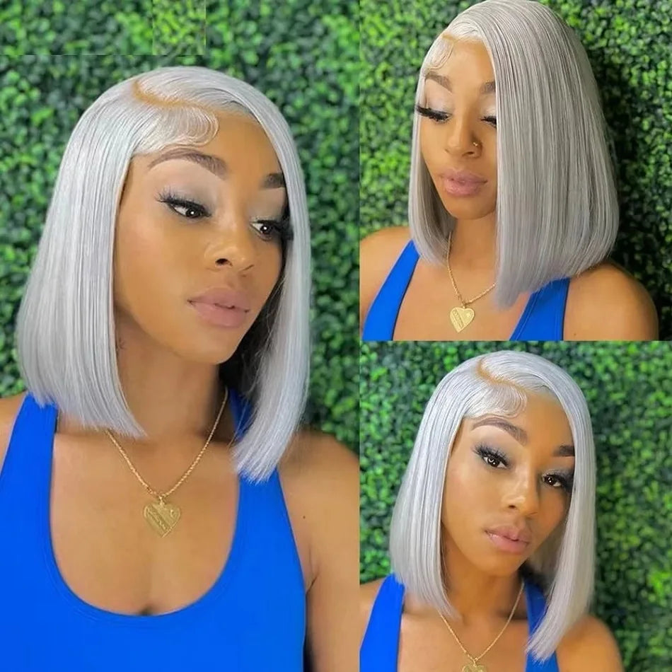 10 12 14 Inch Grey Bob Lace Front Human Hair Wig 13x4 Colored Short Grey Bob Wig Pre Plucked Natural Hairline With Baby Hair