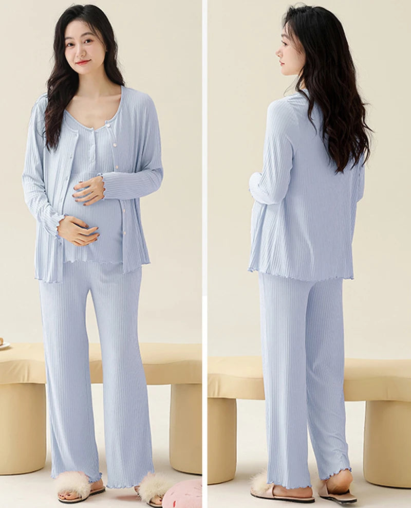 Pregnancy Comfort Pajamas Set Solid Color Long-sleeved Pants and Halter Vest Three-piece Maternity Nursing Homewear Sleepwear