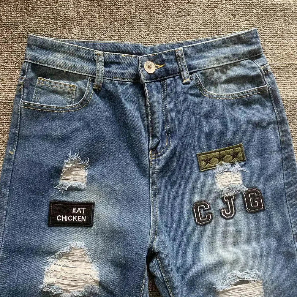 White Embroidery Skinny Ripped denim Men Cotton Stretchy Hole Slim Fit Hip Hop Denim Pants Casual Jeans for Men Jogging Trousers