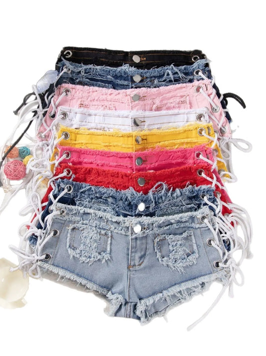 Women Low Rise Denim Shorts Side Lace Up Ripped Frayed Hem Y2K Summer Hot Pants Sexy Streetwear 2026