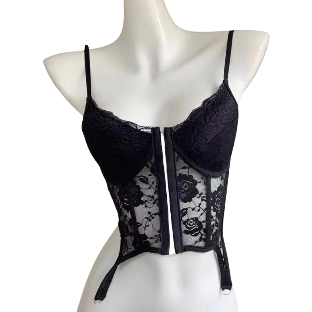 HLJ&GG Sexy Lace See Though Bandage Skinny Shorts Two Piece Sets Women V Neck Spaghetti Strap Slim Crop Top And Shorts Outfits