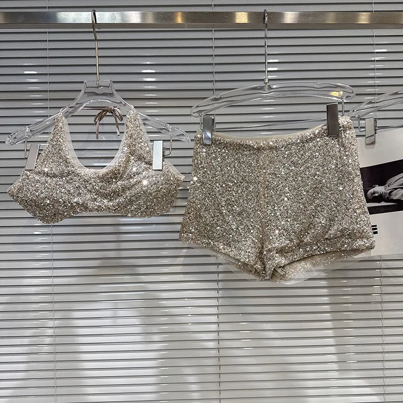 DEAT 2026 Spring New Trendy Fashion Sequin Two-pieces Set For Women Halter Chest Pad Camisole Low Waist Shorts Female 11A08392
