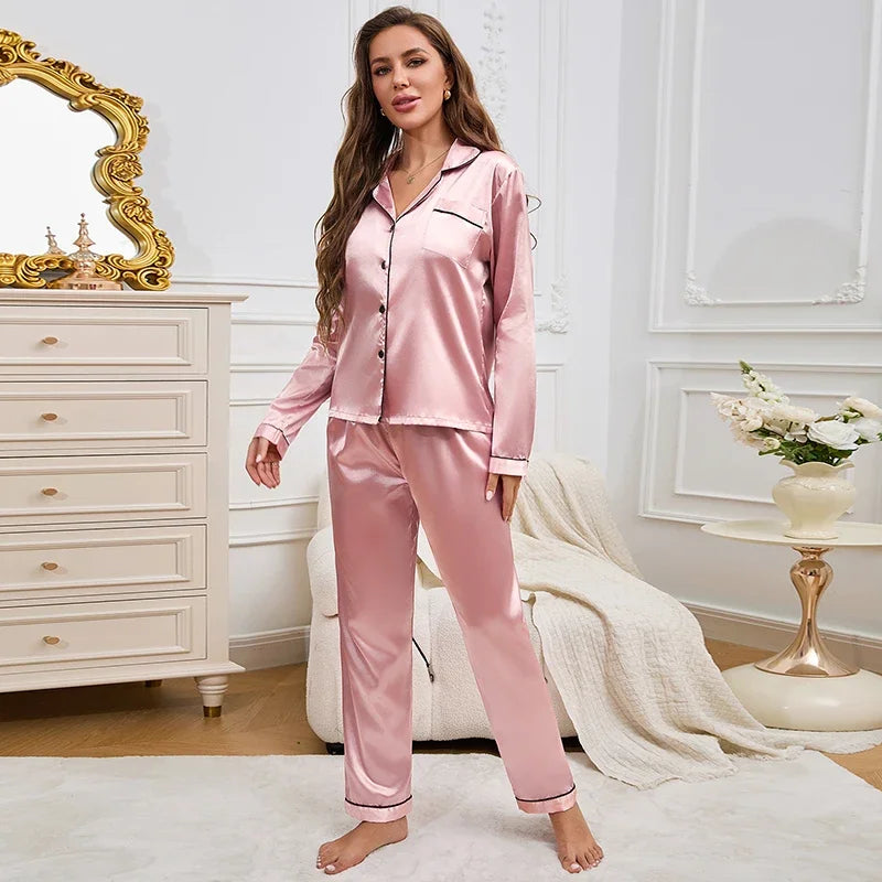Autumn Satin Women‘s Pajamas Set Notched Collar Top & Wide Leg Long Pants 2 Pieces Sleepwear Female Loungewear Like Leisure Suit