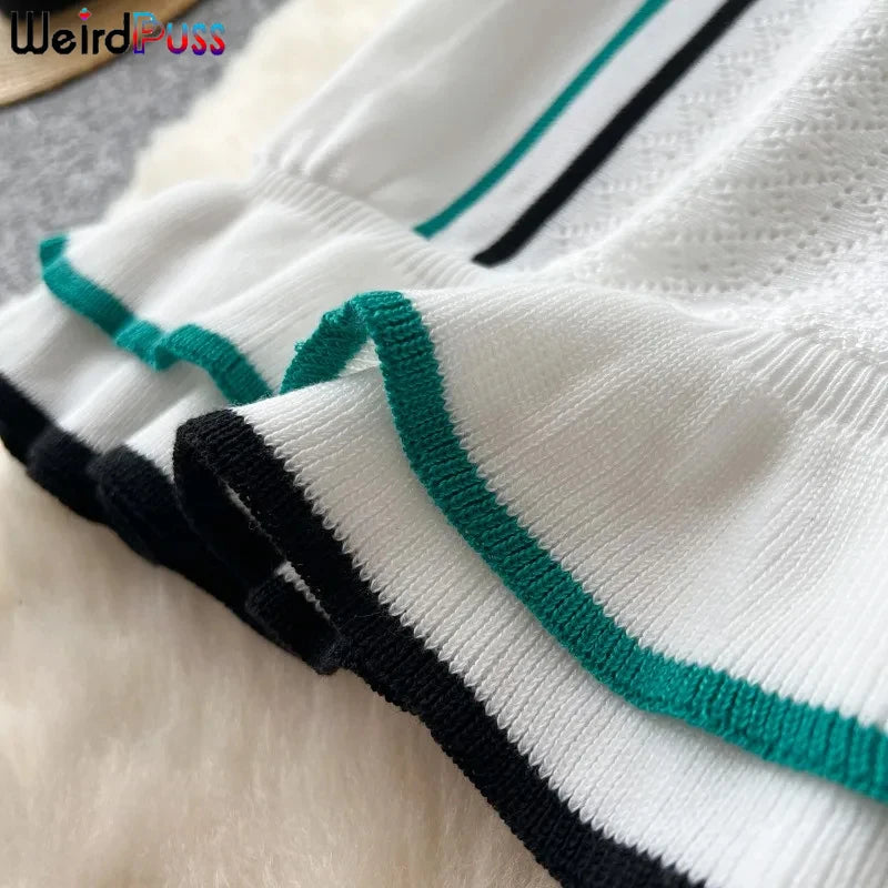 Weird Puss Contrast Stripe Dress Women Knitted Polo-Neck Short Sleeve Ruffles Stretch Hem  Casual Trend Streetwear Mini Bodycon