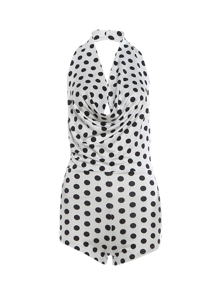 Weird Puss Fashion Swing Collar Romper Women Trend Sexy Hottie Backless Polka Dot Print Halter Midnight Party Street Clubwear