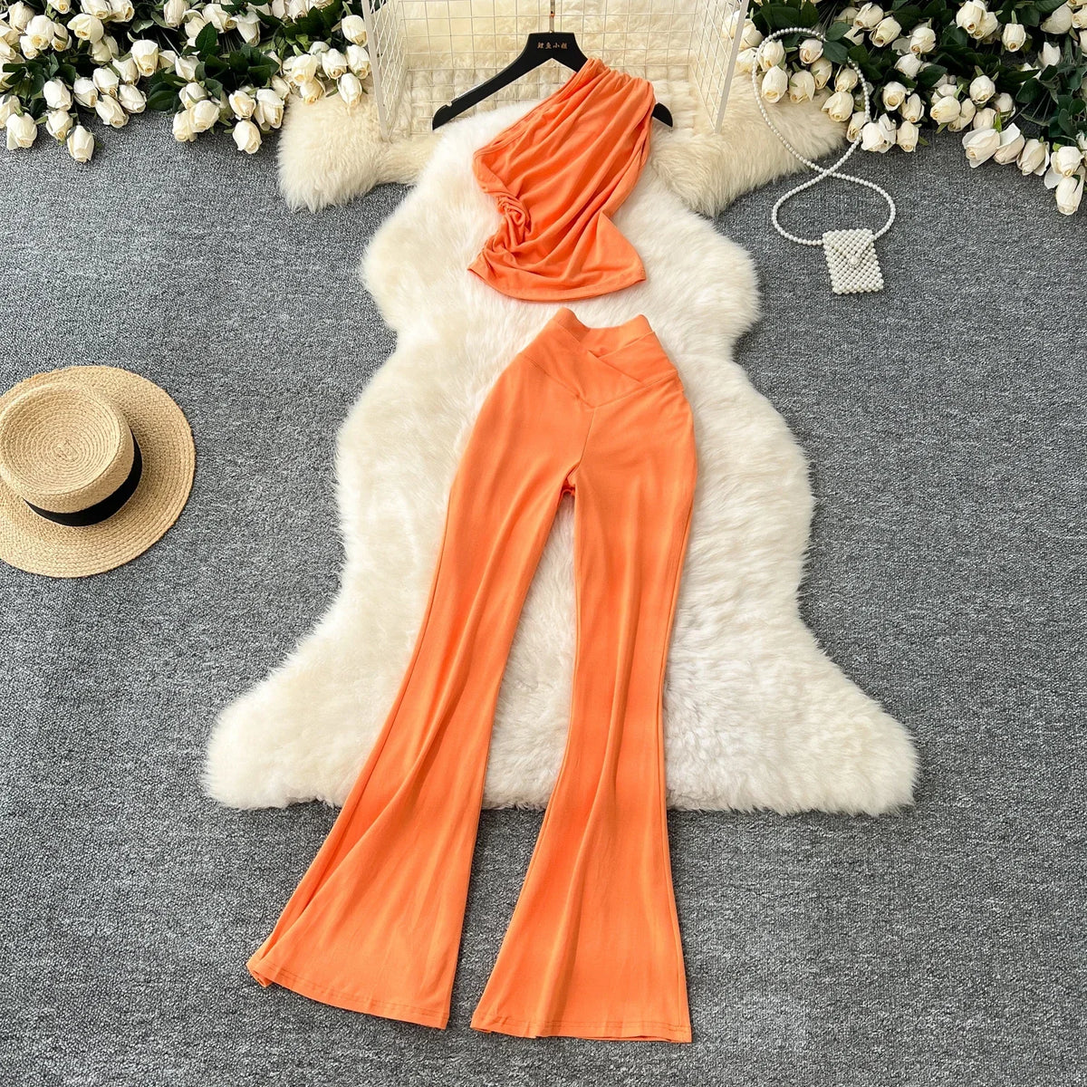 Chic Women Two-Piece Sets Vintage Diagonal Collar Sleeveless Pleated Top and High Waist Flare Pants Korean High Street Clothing