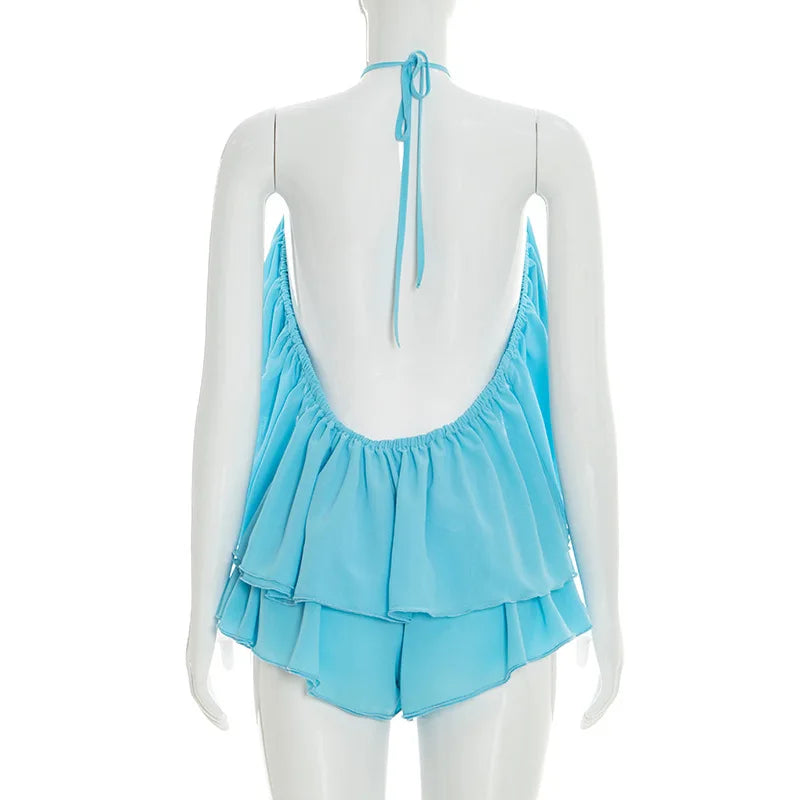 Sexy Halter Backless Women Two Piece Short Sets 2026 New Summer Vacation Beach Outfits Ruffles Crop Top and Micro Shorts Skirts