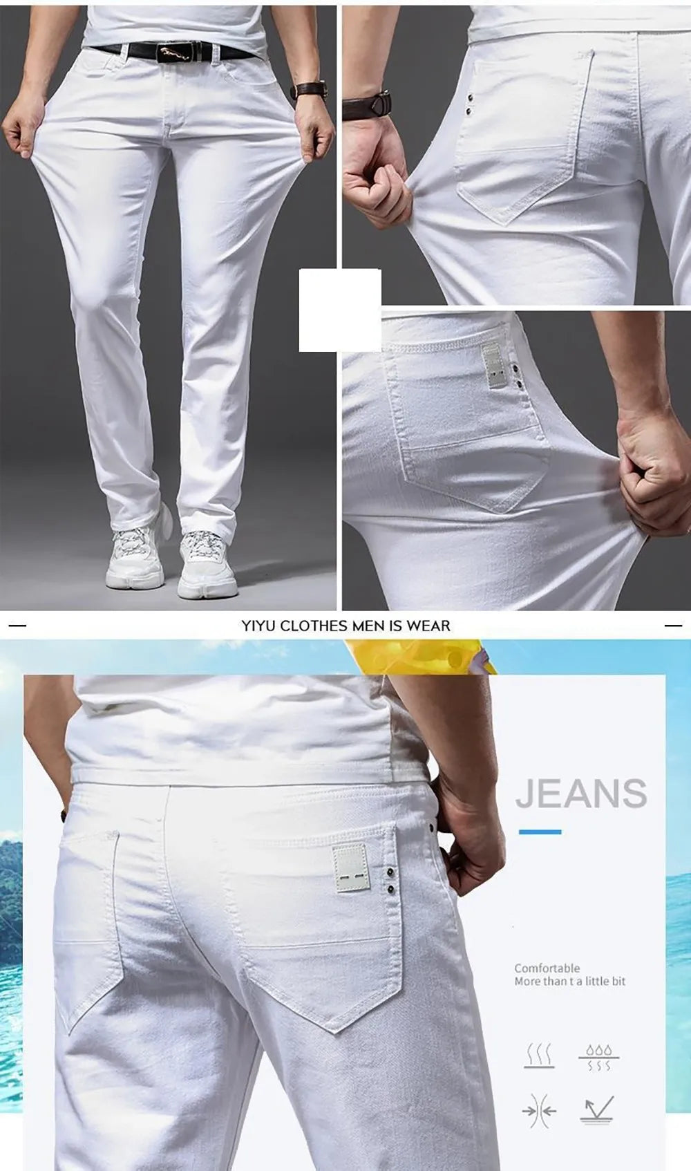 Denim White Jeans Elasticity Straight Slim Fit Casual Soft Business Classic Brand Trousers Fashion Advanced Stretch Denim Pants men