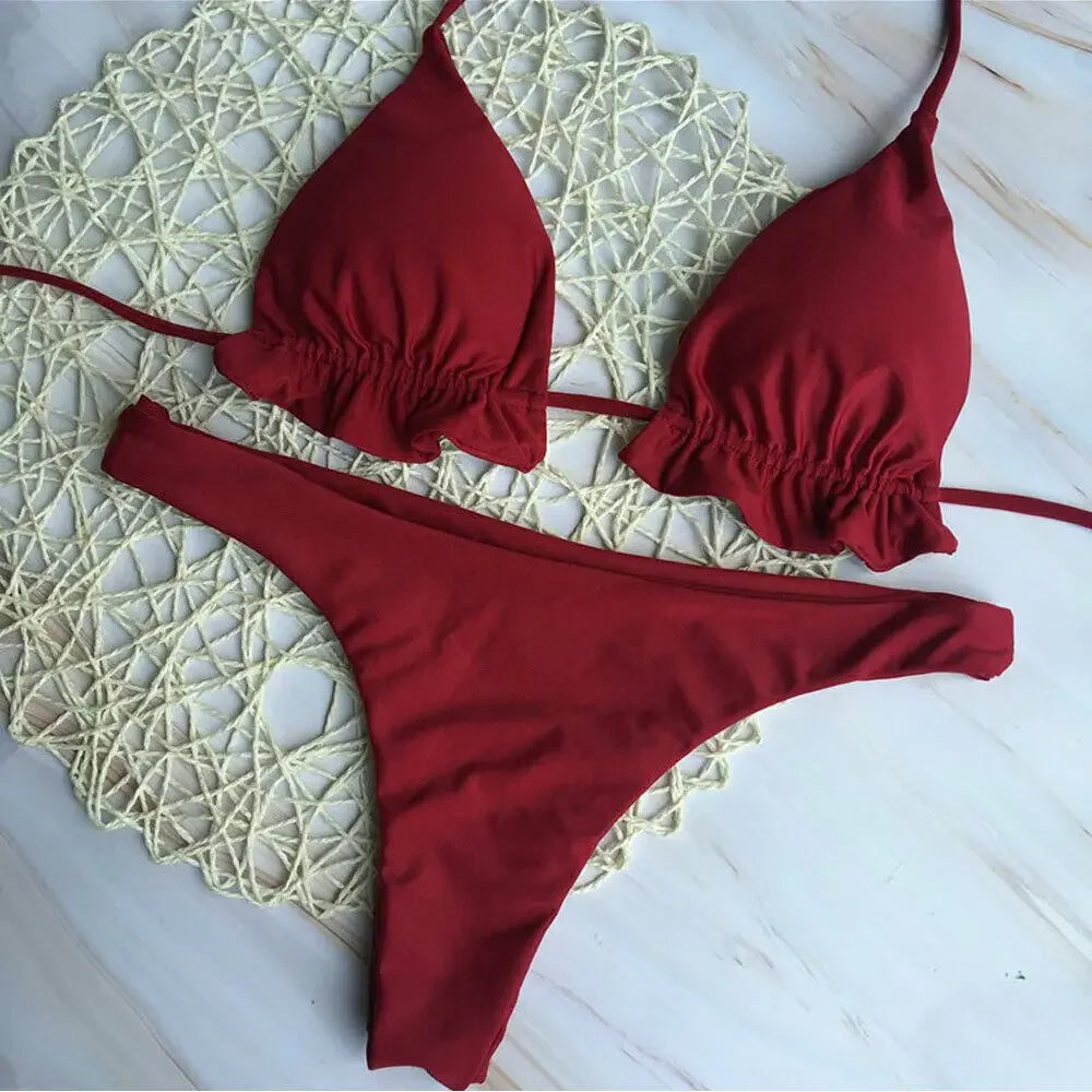 Summer Brazilian Bikini Set Women Sexy Bandage Top Thong Bottom Set Push-up Swimwear Lace Up Swimsuit Beachwear