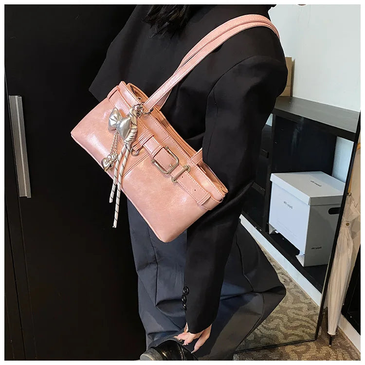 Belt Buckle Design Shoulder Satchels Bag for Women 2025 New in Luxury Designer Handbags Branded Fashion Totes with Pendant Сумка
