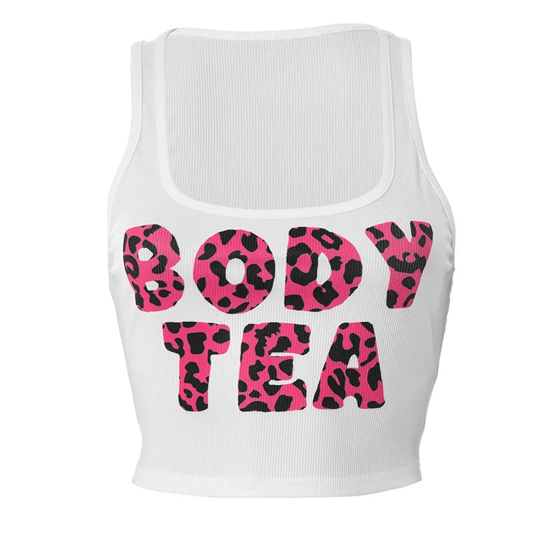 HLJ&GG Y2K Summer New Letter Tank Top Two Piece Sets Women Round Neck Sleeveless Vest + Sequin Leopard Shorts Outfits Streetwear