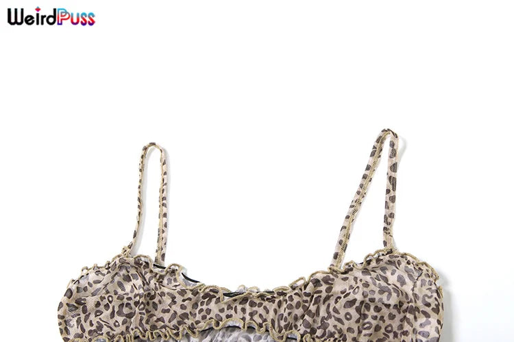 Weird Puss Leopard Print Women 2 Piece Set Sexy See Through Summer Ruffles Camisole+Shorts Vacation Matching Clubwear Outfits