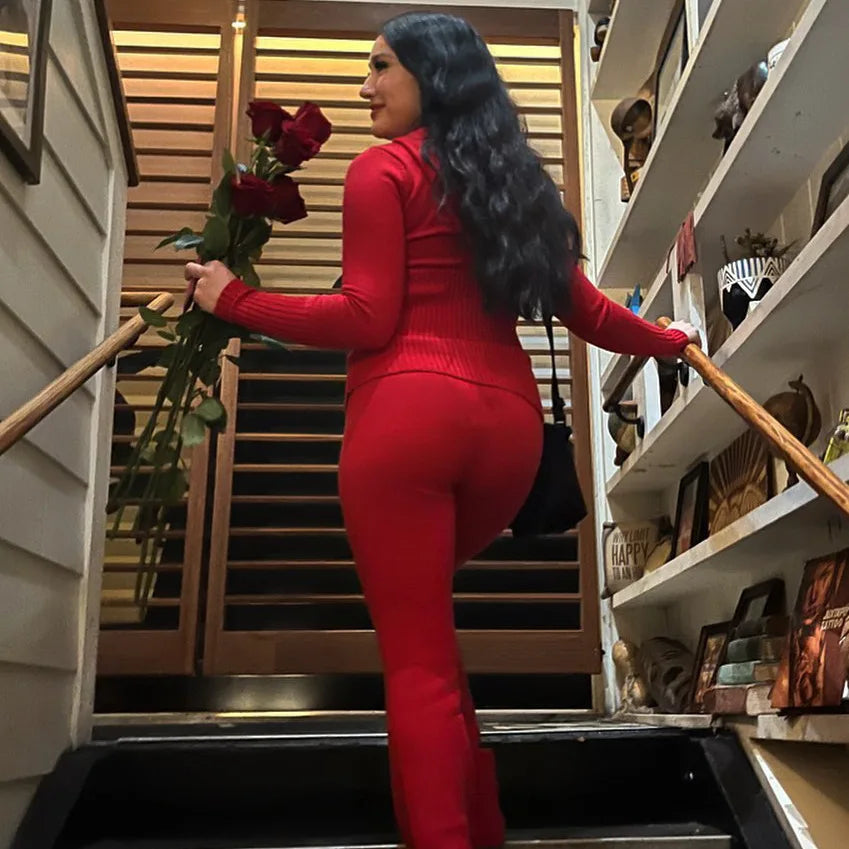 Y2k Slim Fashion 2 Piece-Set Women Sexy Bodycon Long Sleeve Zipper Hooded Sweater Crop Top Flare Pants Two Piece Sets Streetwear