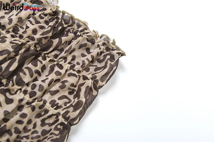 Weird Puss Leopard Print Women 2 Piece Set Sexy See Through Summer Ruffles Camisole+Shorts Vacation Matching Clubwear Outfits