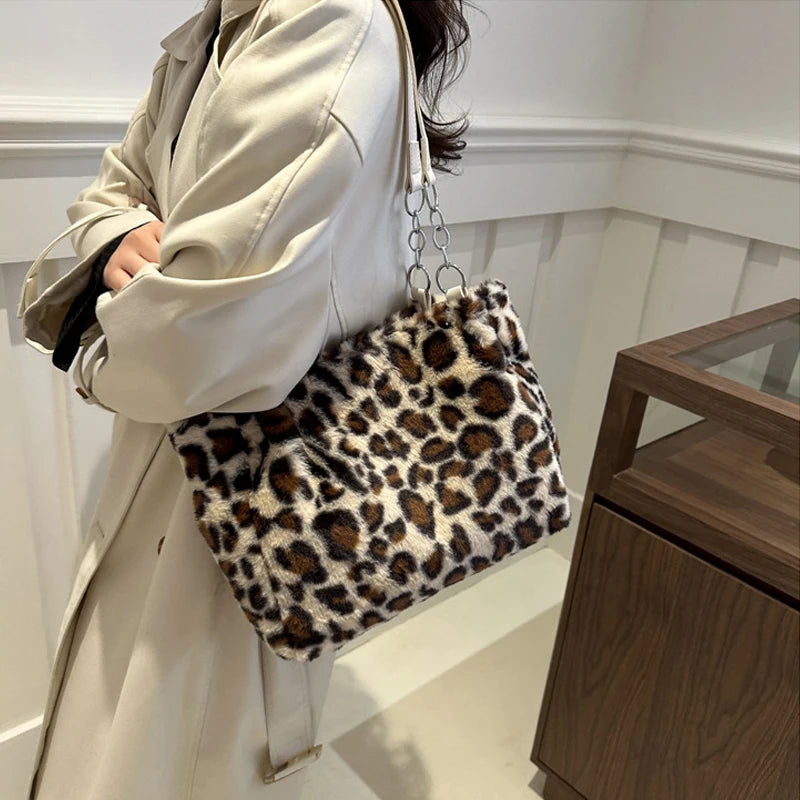 National Style Simple Women Leopard Tote Bag Lady Luxury Fluffy Shoulder Bag Chain Large Capacity Commuter Handle Bag