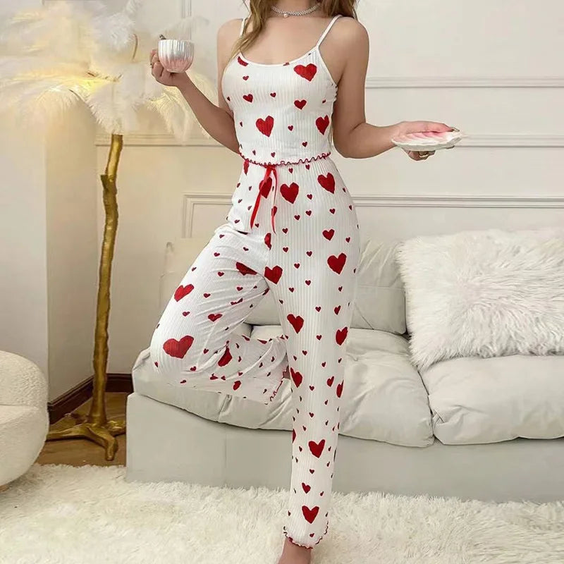 Autumn Winter Pajamas for Women Sleepwear Heart Print Sleeveless Cami Tops with Long Trouser 2 Pieces Set Loungewear