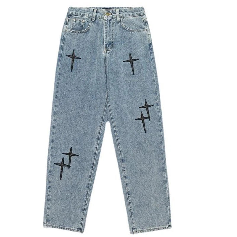 Boyfriend Vintage Fashion Straight Casual Loose Denim Cargo Pants Men Designer Prints Star denim pants Streetwear Loose Wide Leg Jeans