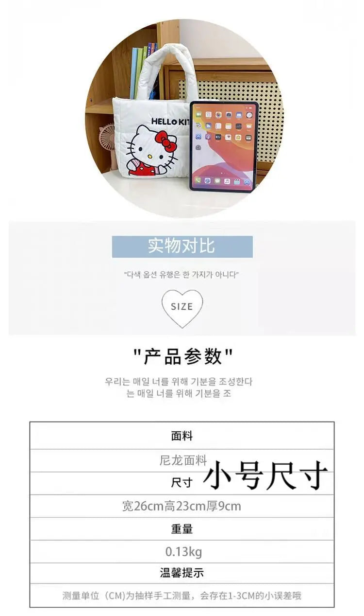 Sanrio Kawaii Hello Kitty Kuromi Tote Bags Cute My Melody Pochacco Cartoon Down Cotton Large Capacity Shoulder Bag Gifts Girls