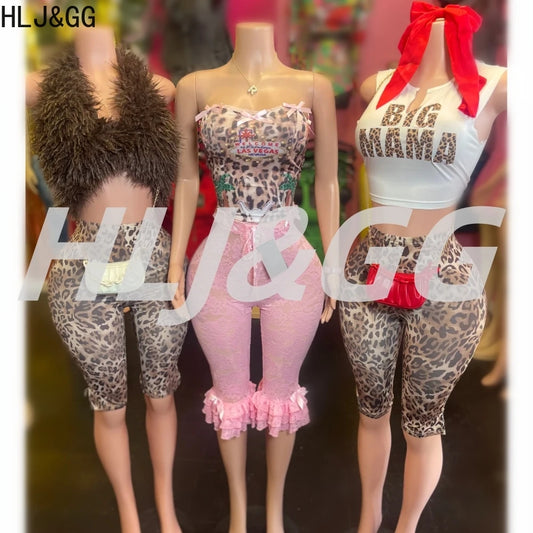 HLJ&GG Fashion Trend Leopard Print Shorts Two Piece Sets Women Fur Halter Lace Up Crop Top And Shorts Outfit Y2K 2pcs Streetwear