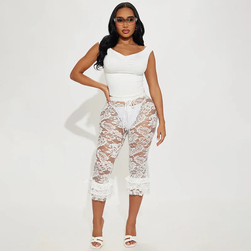 STYLISH LADY Lace Knee Length Pants 2025 Summer Women Midi Waist Hollow Out Sexy Club Party Street See Through Leggings Pants