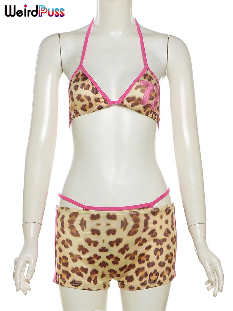Weird Puss Leopard Print Sexy 3 Piece Set Women Beach Vacation Halter Bra+Panties+Shorts Summer Midnight Matching Party Clubwear