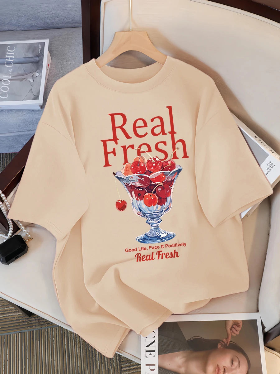 Real Fresh Cherry Fruit Cup Design Tee Shirts Female Comfortable Cotton T Shirt Fashion Casual Clothes Soft Street Short Sleeve