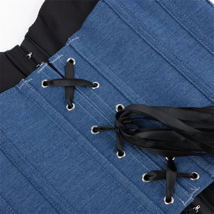 Fashion Denim Corset Crop Tops Female Underwear Backless Body Shaper Short Torso Bustier Vest Blue
