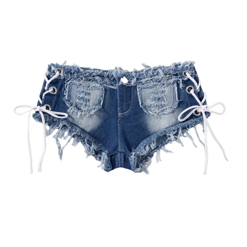 Women's Y2K Low Rise Denim Micro Shorts Lace-Up Side Frayed Booty Shorts for Rave Party Nightclub