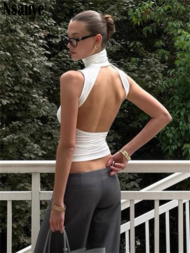 Nsauye Casual Solid White Women Basic Vest T Shirt Tank Tops Turtleneck Y2K Summer Clothes Skinny Mini 2025 Club Sexy Crop Tops