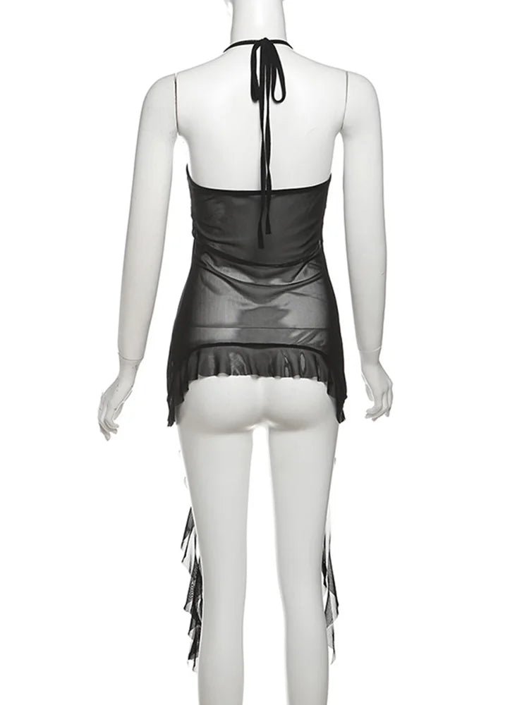 Weird Puss Patchwork Mesh Y2K Sexy Camisole Women Halter Bandage Low-Neck Tassel Ruffles 3d Flowers Midnight Club Sexy Tank Tops