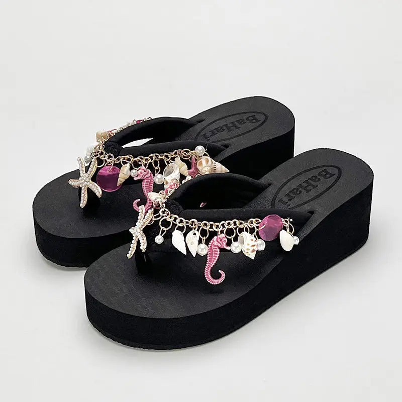 Bohemian High-heeled Flip-flops for Women Summer Vacation Platform Beach Slippers