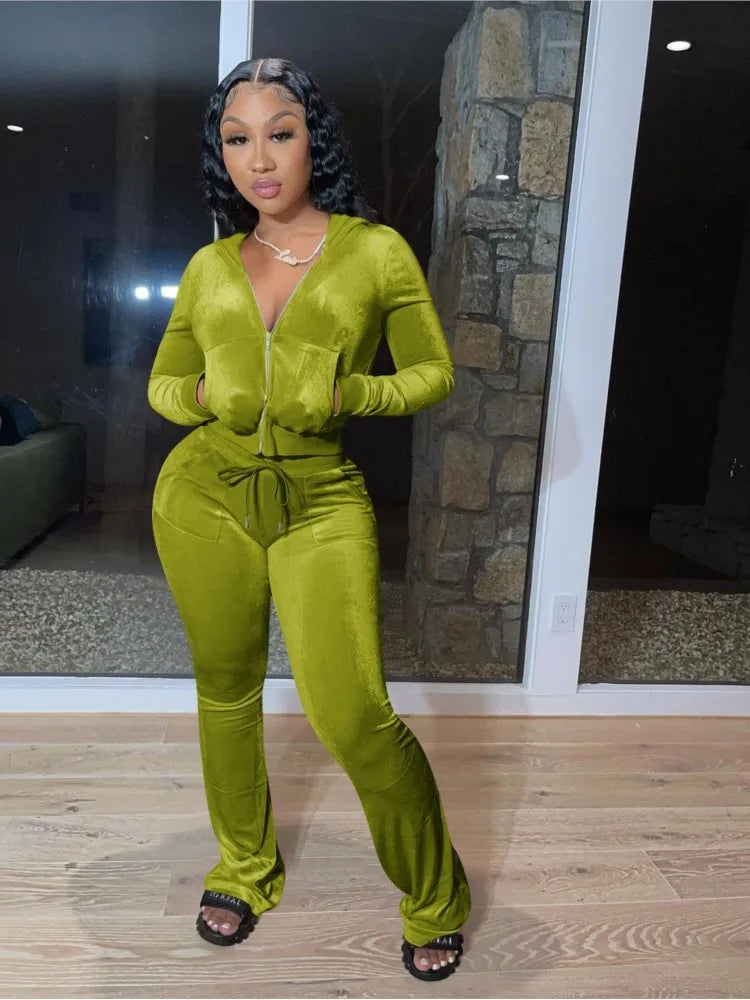 Fashion Sexy Slim 2 Piece Set For Women Casual Solid Hooded Zip Tops+High Waist Pants Sets Outfits Lady Sports Women's Clothing