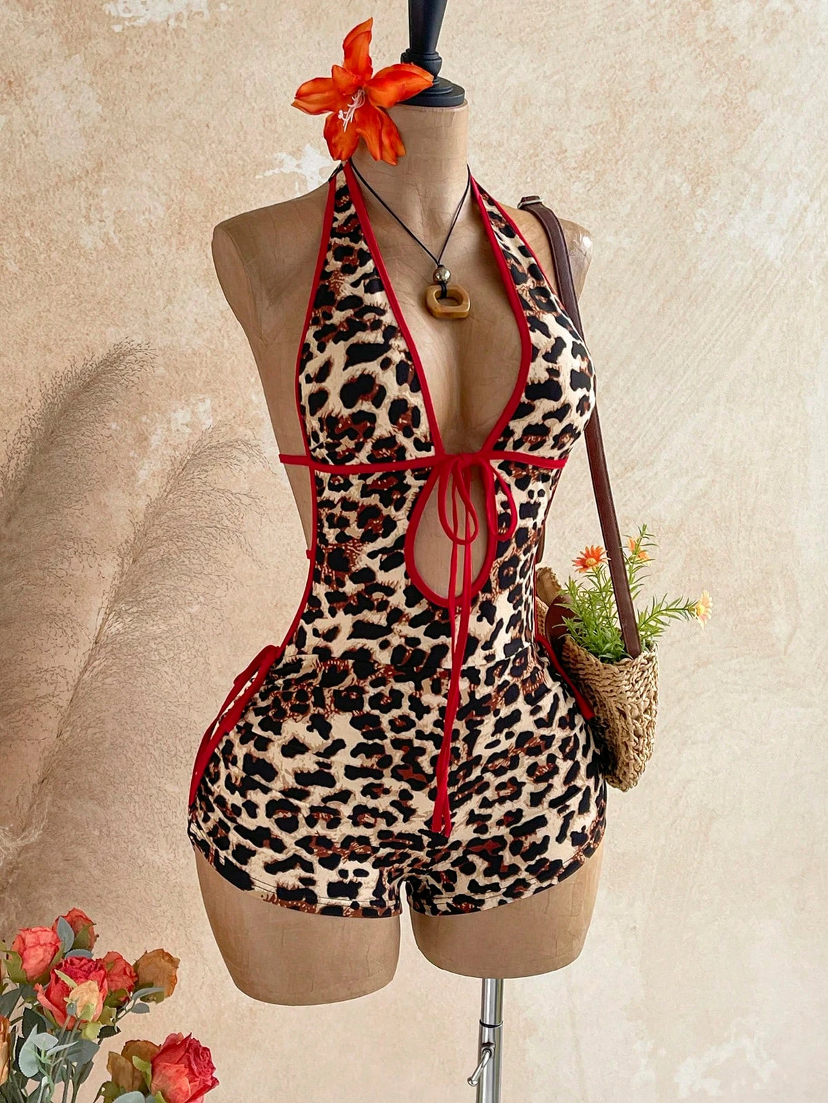 Vintage Melard Leopard Print Halter Neck Jumpsuit with Red Trim, Deep V Backless High-Waisted Tight-Fitting Hot Girl Vacation Jumpsuit