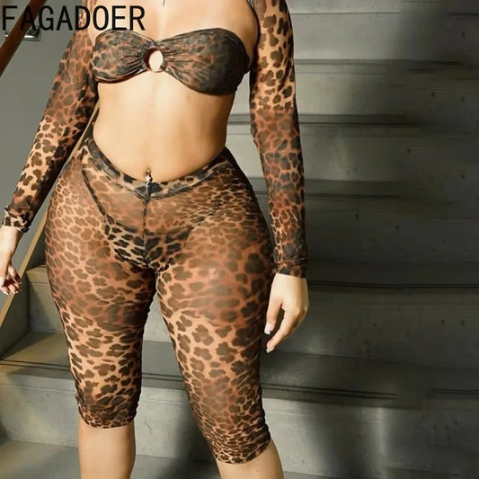 FAGADOER Sexy Mesh See Through Leopard Print Two Piece Sets Women Crop Top + Long Sleeve Coat + Shorts Outfits Female Clubwear
