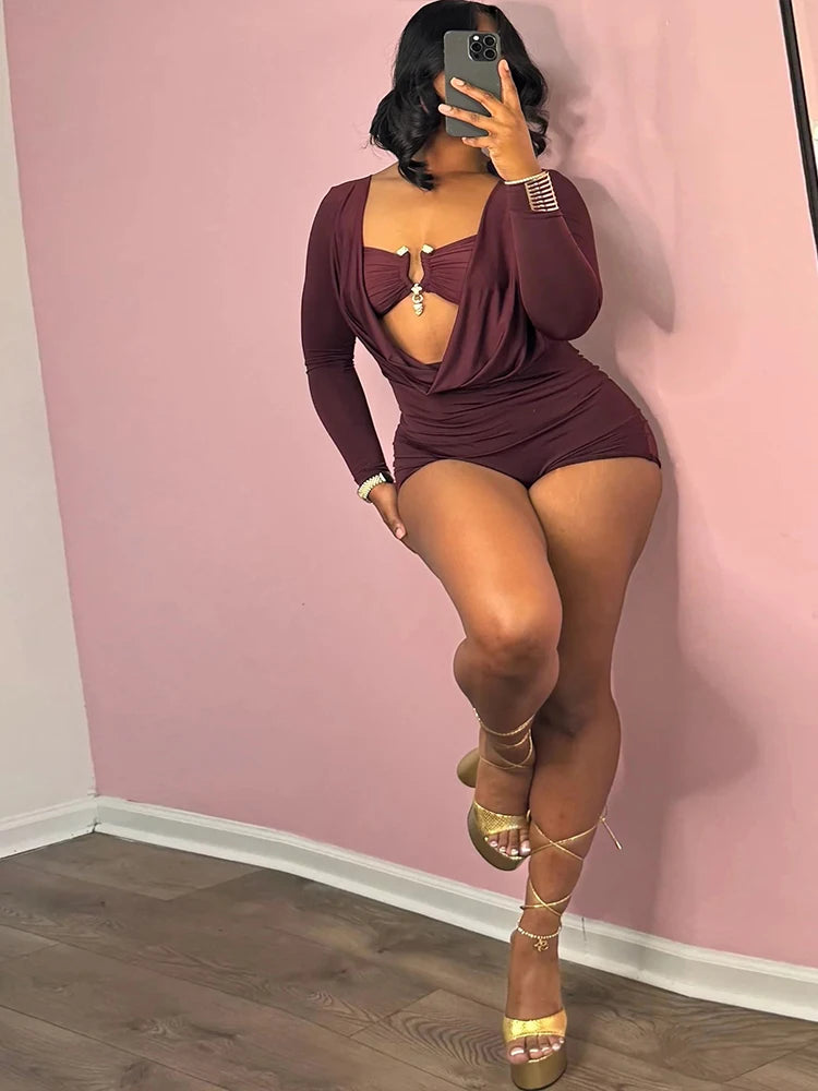 Swing Collar Romper & Metal Buckle Bra Set — Women's Party