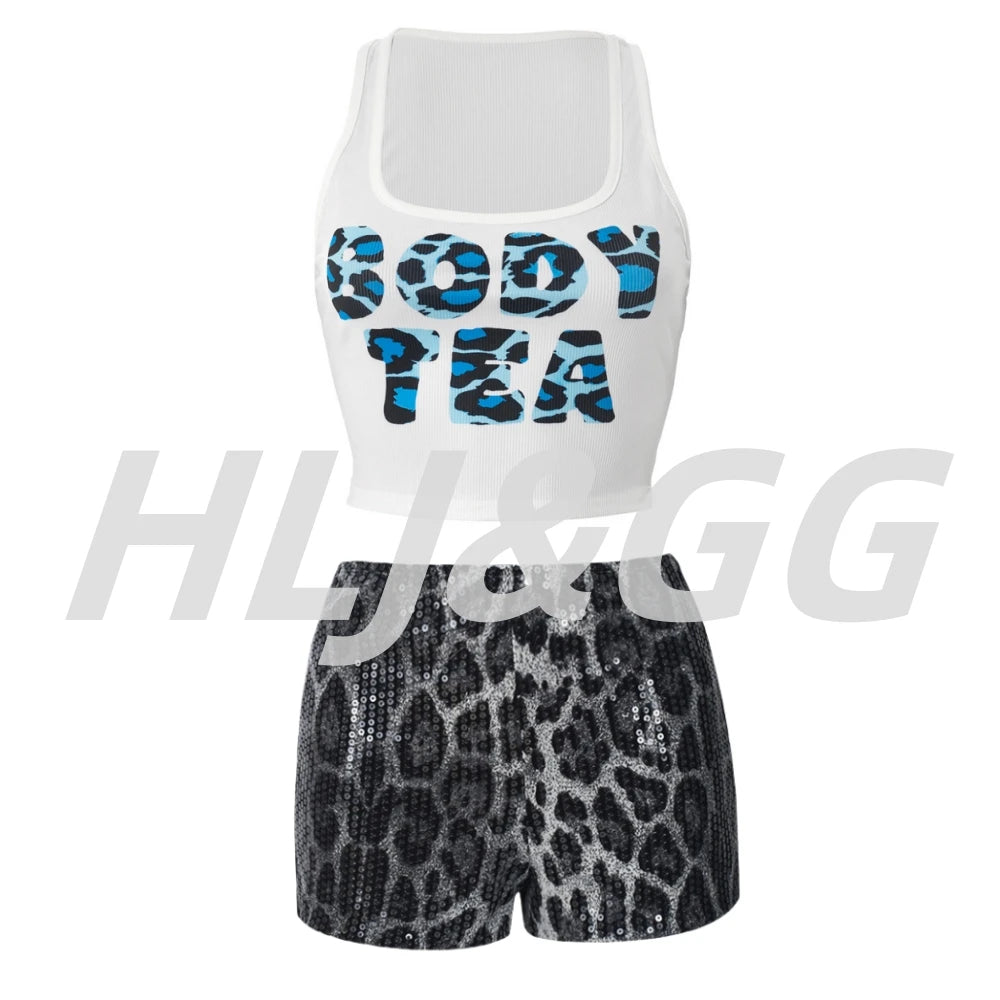 HLJ&GG Y2K Summer New Letter Tank Top Two Piece Sets Women Round Neck Sleeveless Vest + Sequin Leopard Shorts Outfits Streetwear