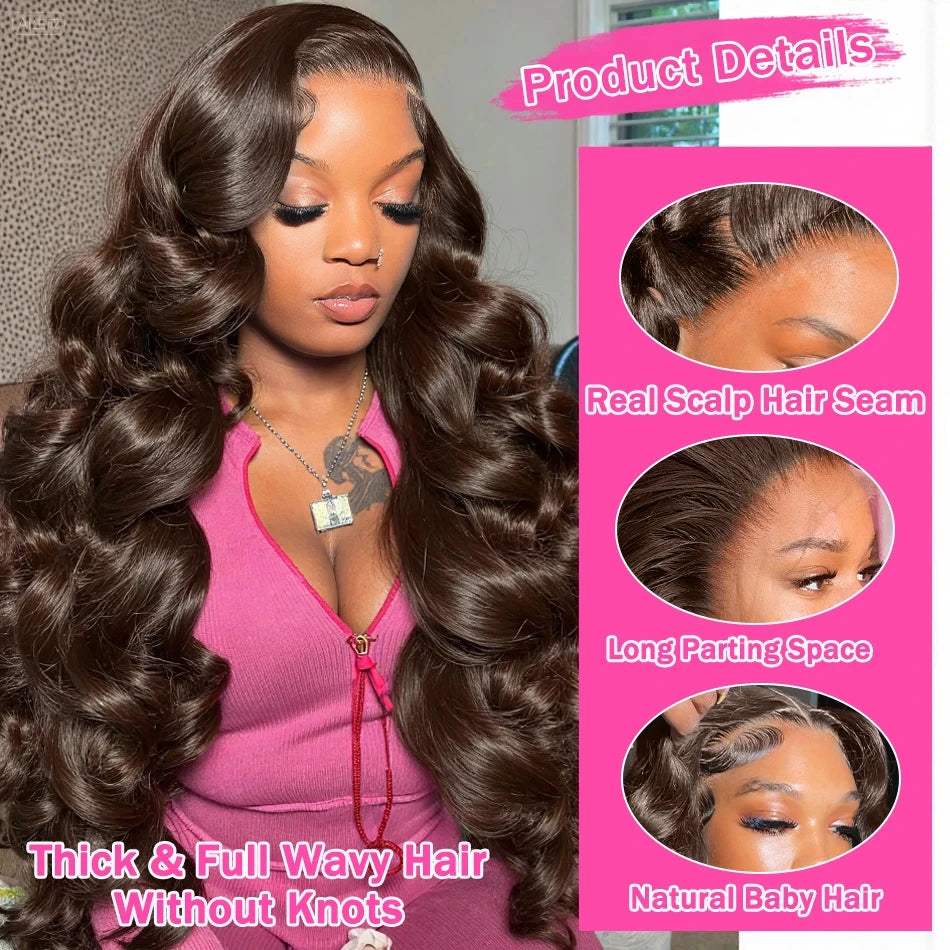 Transparent Chocolate Brown Body Wave Lace Front Human Hair Wig Vietnamese Original #4 Color 250% 13x6 HDFull Lace Frontal Wigs