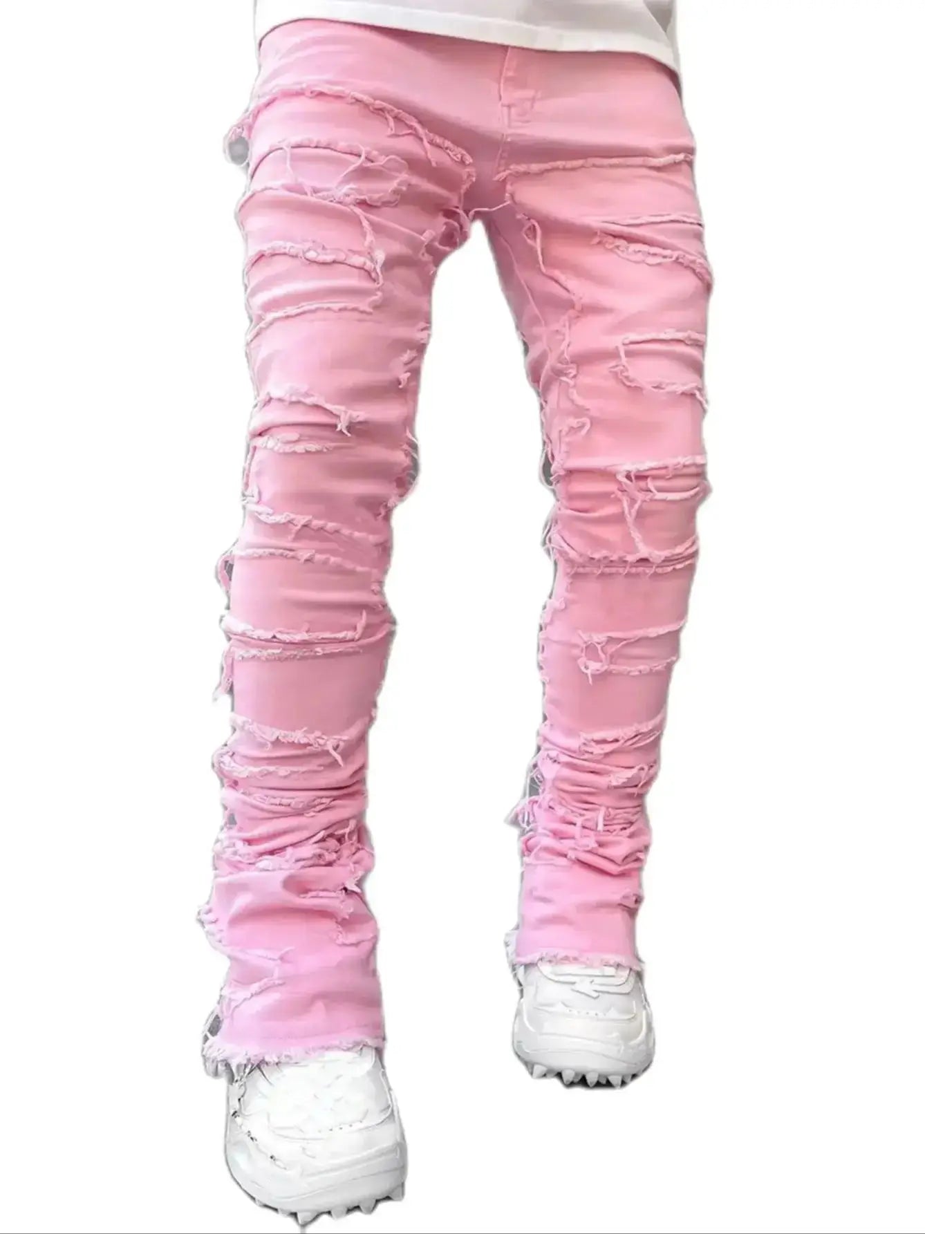 Denim Regular Fit Stacked Jeans Ripped Slim Fit Patch Distressed Destroyed Straight Denim Pants Hip Hop Streetwear Trouser Cloth