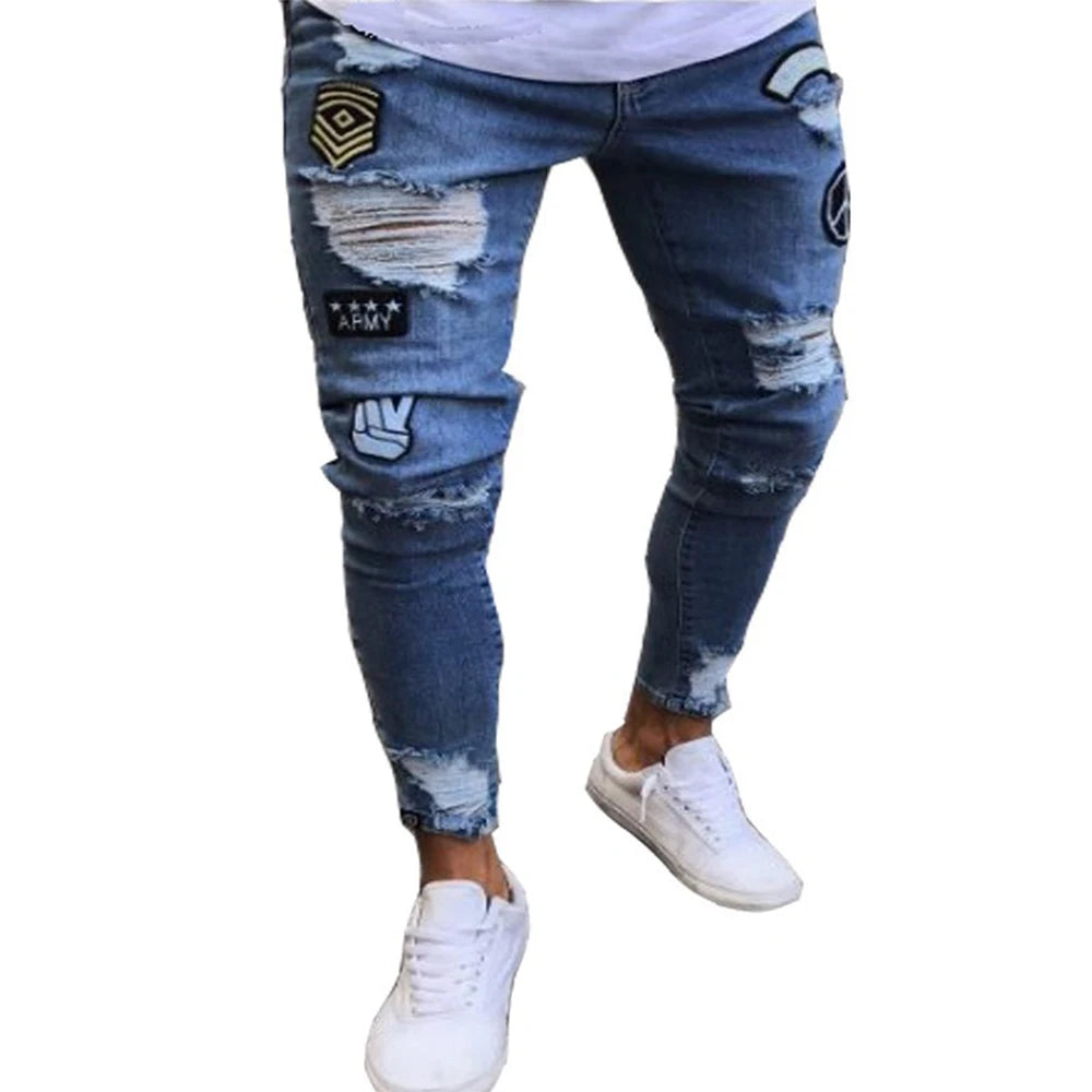 White Embroidery Skinny Ripped denim Men Cotton Stretchy Hole Slim Fit Hip Hop Denim Pants Casual Jeans for Men Jogging Trousers
