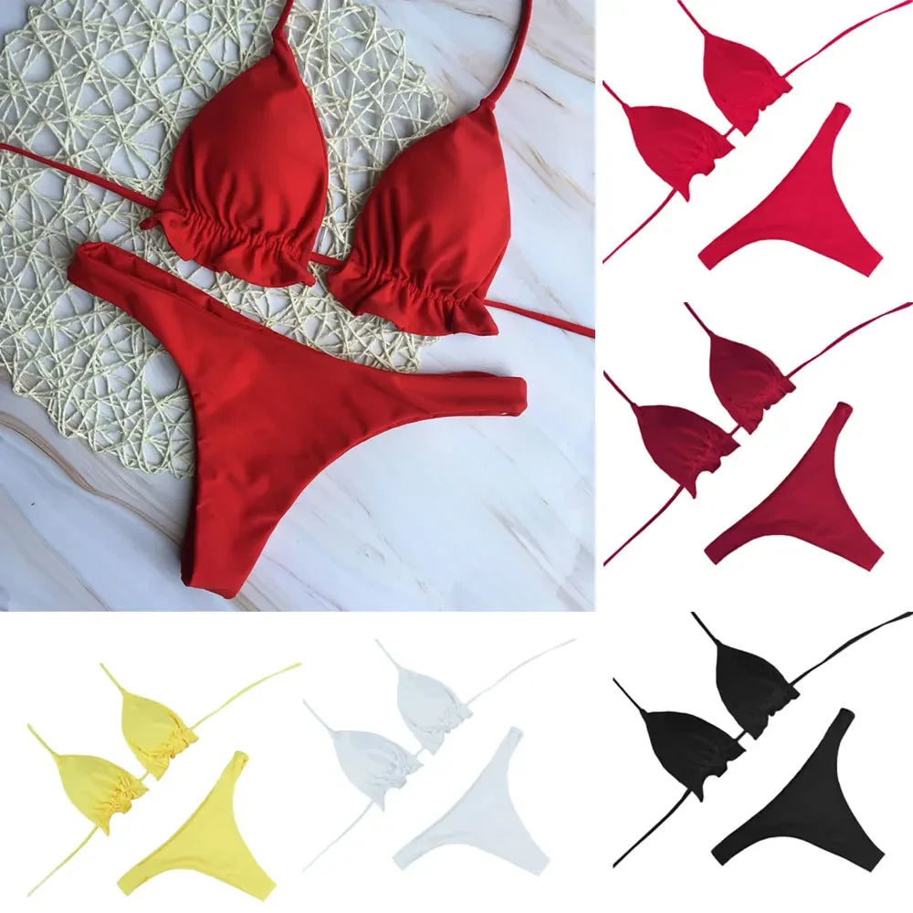 Summer Brazilian Bikini Set Women Sexy Bandage Top Thong Bottom Set Push-up Swimwear Lace Up Swimsuit Beachwear