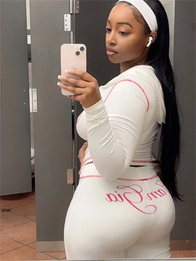 2025 Spring Fashion New Casual Women's Sets Long Sleeve Zipper Hoodie Tops and Pants Streetwear White Two 2 Piece Set Outfits
