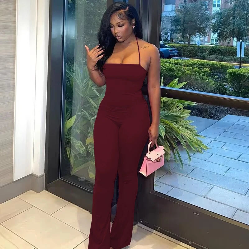 Hugcitar 2025 Spring Halter Solid Sleeveless Backless Sexy Bodycon Flare Pants Jumpsuit Women Casual Rompers Streetwear Festival