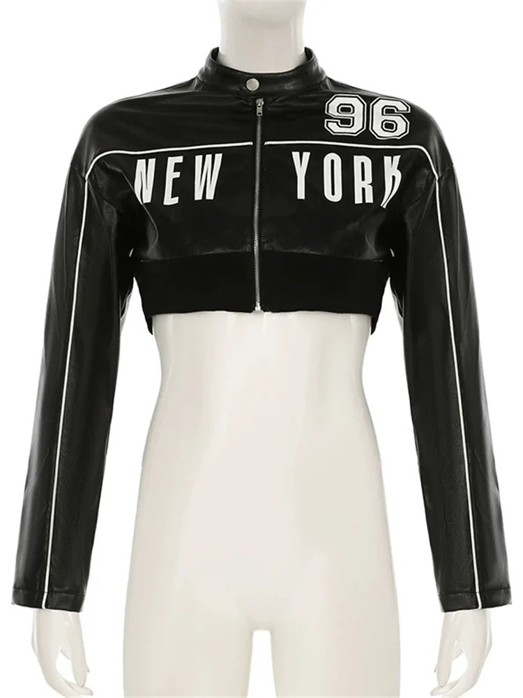 Weird Puss PU Patchwork Women Jacket Letter Print Hipster Button Zip Full Sleeve Trend Cool Street  Spring Outwear Crop Coat