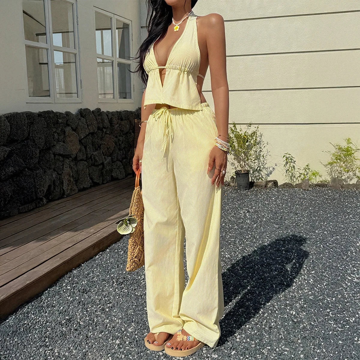 2026 Summer Hot Selling Neck Hanging Deep V-stripe Top and Elastic Waist Pants Two-piece Set for Women