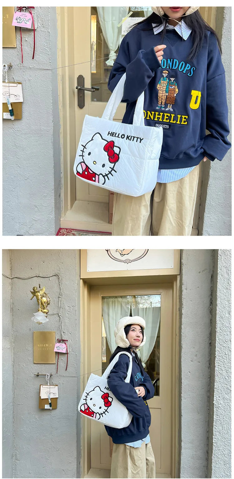 Sanrio Kawaii Hello Kitty Kuromi Tote Bags Cute My Melody Pochacco Cartoon Down Cotton Large Capacity Shoulder Bag Gifts Girls